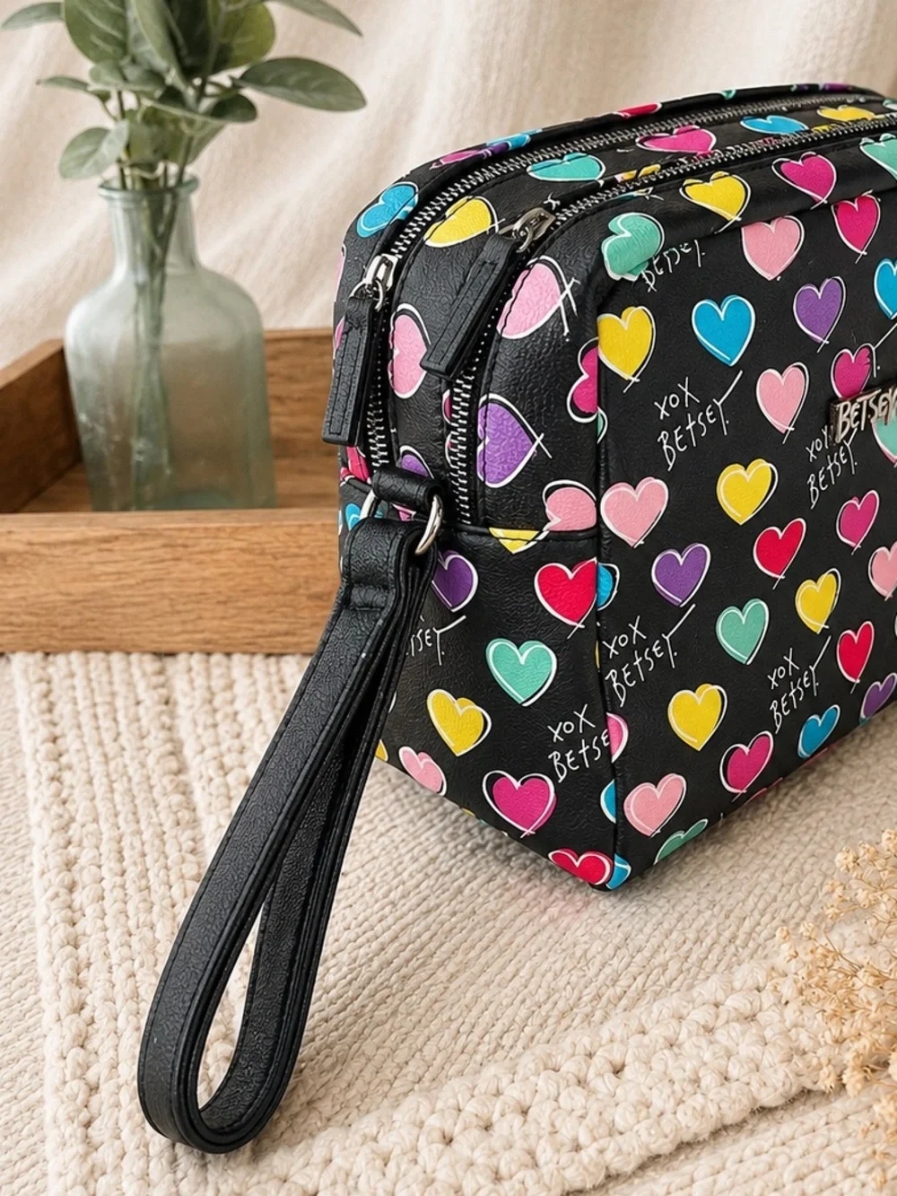 Vintage Betsey Johnson Heart Print Travel Bag | Double Zip Cosmetic Case